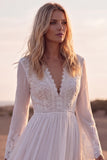 Long Sleeve V Neck Pleated White A Line Wedding Dress with Lace