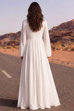 White Long Sleeve A Line Pleated Maxi Wedding Dress