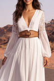 White Long Sleeve A Line Pleated Lace Wedding Dress with Belt