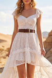 High Low White A Line Lace Ruffled Boho Wedding Dress