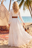Long Sleeve White A Line Lace V Neck Wedding Dress with Belt