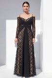 Cold Shoulder Black Lace A Line Maxi Mother of the Bride Dress