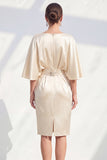 Champagne Satin Bodycon Ruched Midi Mother of the Bride Dress