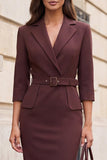 Notched Lapel Brown Bodycon Midi Work Dress with Belt