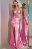 Corset Appliqued Mermaid Golden Prom Dress With Slit
