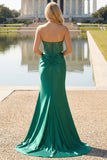Dark Green Strapless Corset Mermaid Satin Prom Dress
