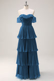 Eucalyptus Tiered A Line Pleated Off the Shoulder Bridesmaid Dress