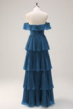 Eucalyptus Tiered A Line Pleated Off the Shoulder Bridesmaid Dress