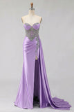 Sweetheart Mermaid Mint Green Beaded Satin Prom Dress With Slit