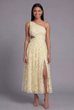 One Shoulder Cut Out Floral Light Orange Wedding Guest Dress