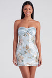 Strapless Floral Sequins Bodycon Light Blue Mini Homecoming Dress