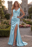 Cowl Neck Mermaid Burgundy Satin Prom Dress with Slit
