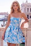 Strapless Pink Floral A Line Homecoming Dress With Bow