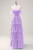 Eucalyptus Tiered A Line Pleated Off the Shoulder Bridesmaid Dress