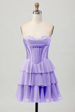 Fuchsia Corset Tiered A Line Strapless Homecoming Dress