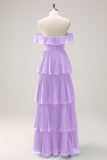 Eucalyptus Tiered A Line Pleated Off the Shoulder Bridesmaid Dress