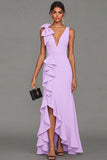 Black Bowed V Neck Maxi Formal Dress with Ruffles