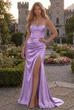 Strapless Burgundy Mermaid Satin Ruched Maxi Prom Dress