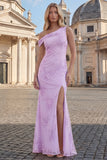 Asymmetrical Neck Yellow Mermaid Appliqued Prom Dress