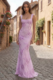 Mermaid Yellow Pearled Appliqued Square Neck Prom Dress