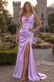 Cowl Neck Mermaid Burgundy Satin Prom Dress with Slit