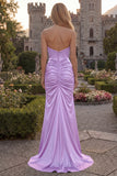 Strapless Burgundy Mermaid Satin Ruched Maxi Prom Dress
