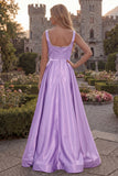 Blush A Line Square Neck Satin Prom Dress with Pearls