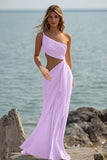 One Shoulder Cut Out Chiffon White Engagement Dress