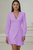 Ivory V-Neck Long Sleeve Pleated A-Line Work Dress