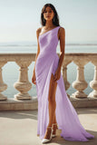 One Shoulder Ivory Ruched Engagement Dress with Slit