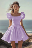 White Puff Sleeve A Line Satin Graduation Dress