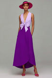Orange and Fuchsia V-Neck A-Line Formal Dress With Bow