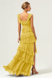 Dark Navy A Line Tiered Chiffon Maxi Bridesmaid Dress