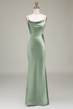 Dusty Blue Sheath Cowl Neck Satin Maxi Dress with Slit