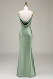 Dusty Blue Sheath Cowl Neck Satin Maxi Dress with Slit