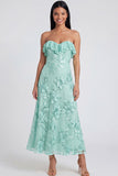 Strapless Ruffled A Line Floral Appliqued Yellow Wedding Guest Dress