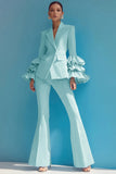 Blue 2-Piece Notched Lapel Women Suits With Ruffles