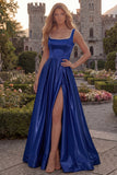 Blush A Line Square Neck Satin Prom Dress with Pearls