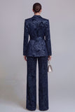 Jacquard Dark Green Notched Lapel 2 Piece Women Suits with Belt