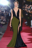 Mermaid Black&White Deep V Neck Long Gala Dress