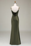 Dusty Blue Sheath Cowl Neck Satin Maxi Dress with Slit