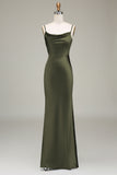 Dusty Blue Sheath Cowl Neck Satin Maxi Dress with Slit