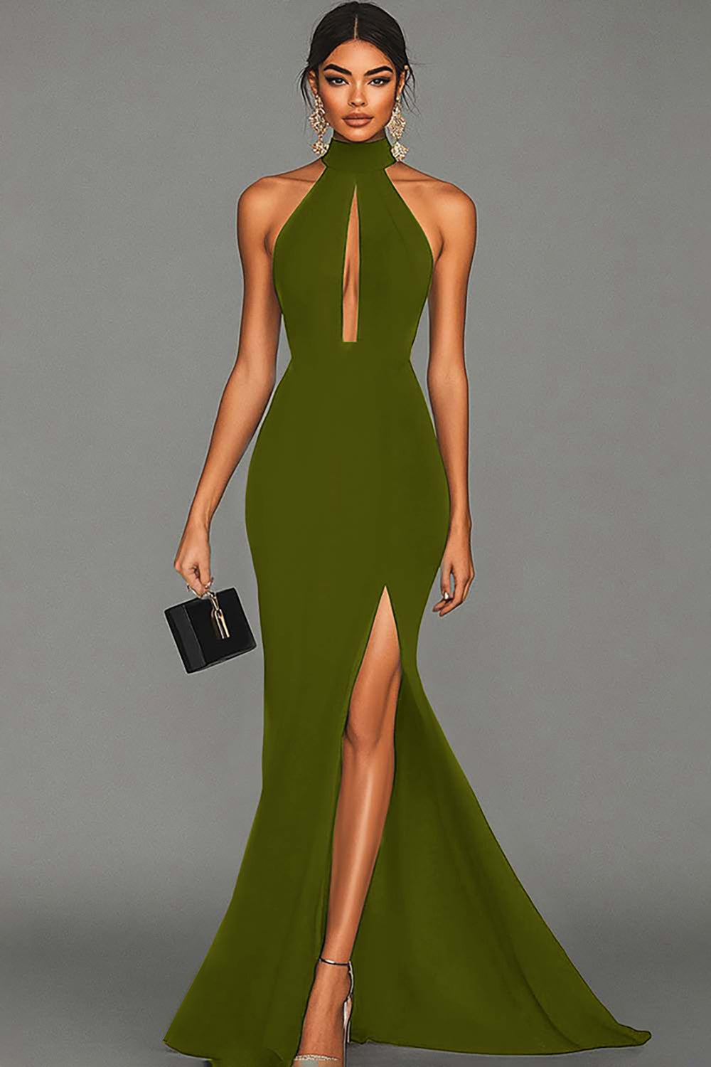 Berylove Women Black Formal Dress With Slit Mermaid Halter Neck With Hook Satin Formal Wear Dress, Olive / US4 Berylove Women Black Formal Dress With Slit Mermaid Halter Neck With Hook Satin Formal Wear Dress, Olive / US4