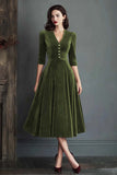 Burgundy Velvet A-Line V-Neck Midi Dress with Half Sleeves
