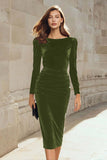 Pencil Velvet Long Sleeve Dark Green Work Dress