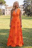 A Line V-Neck Fuchsia and Red Maxi Formal Dress With 3D Flowers