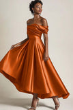 Off the Shoulder A Line Tea Length Satin Olive Mother of the Bride Dress