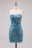 Strapless Sequins Pink Floral Bodycon Homecoming Dress