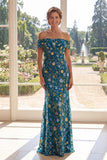 Green Off the Shoulder Mermaid Floral Mother of the Bride Dress
