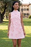 Floral Blue High Neck A-Line Homecoming Dress